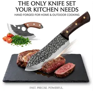 Portable Hand Forged Butcher Cleaver Knife Set, Full Tang Sharp Multipurpose Chef Knife, Meat Cutting Cooking Knives for Home Kitchen, Outdoor Camping, BBQ, Picnic, Hiking, Great Gift for Men, Outdoor Enthusiasts, Camping Lovers