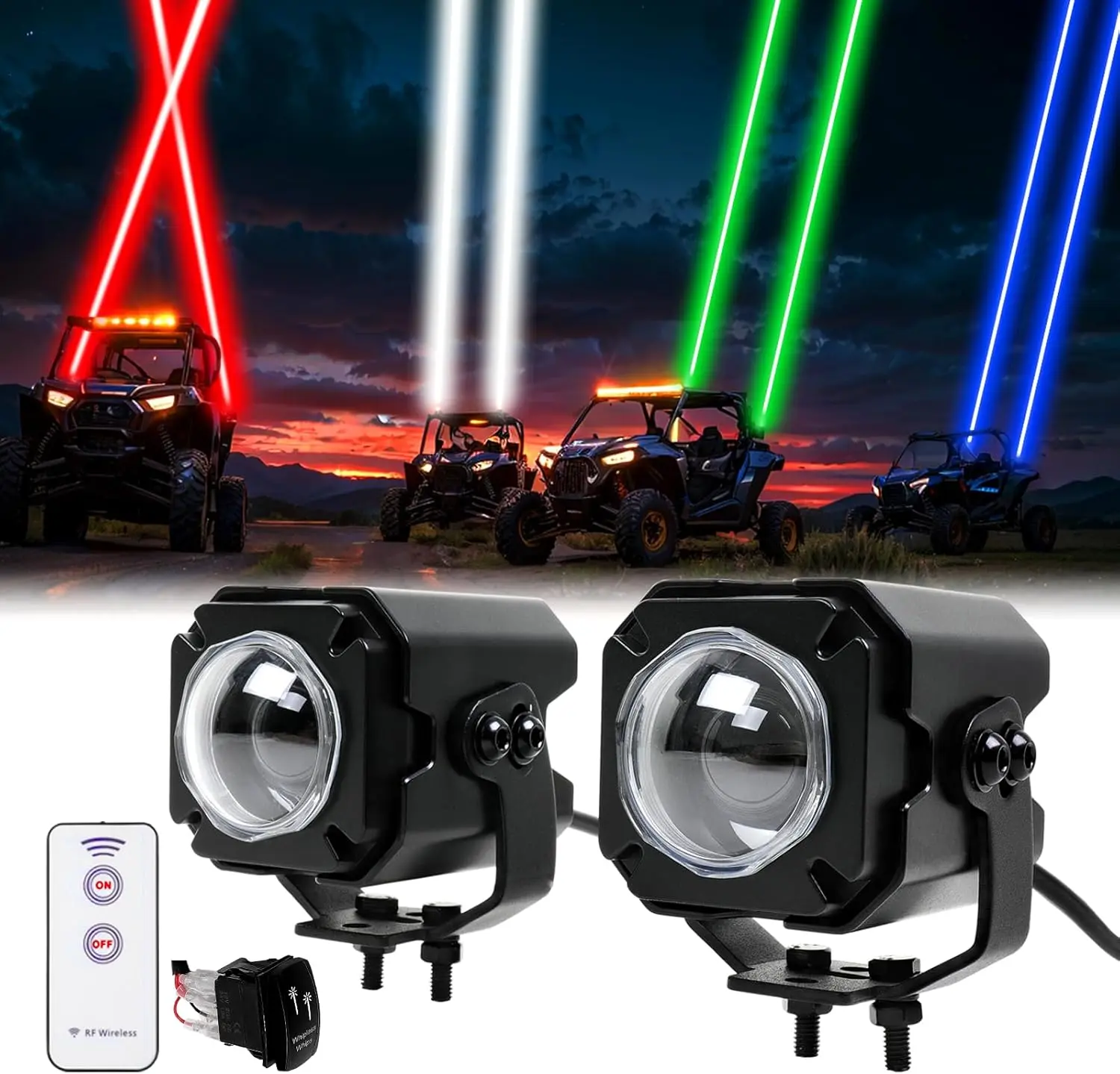 2PCS Whip Lights Spot Beam Pod Lights Whipless Whip Light Headlight Flashlights Kit for Side by Side with Switch Remote RGBW Whipless LED Whip Lights for ATV UTV Can am Polaris RZR SXS Golf Cart Truck Dune 4x4 Boat Bright Headlight