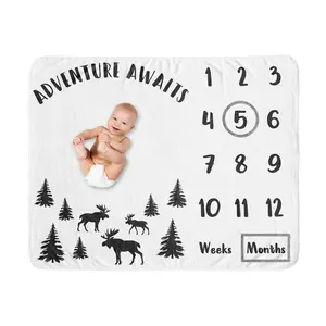 Sweet Jojo Designs Woodland Moose Boy Milestone Blanket Monthly Newborn First Year Growth Mat Baby Shower Memory Keepsake Gift Picture - Black and White Forest Adventure Awaits Rustic Patch