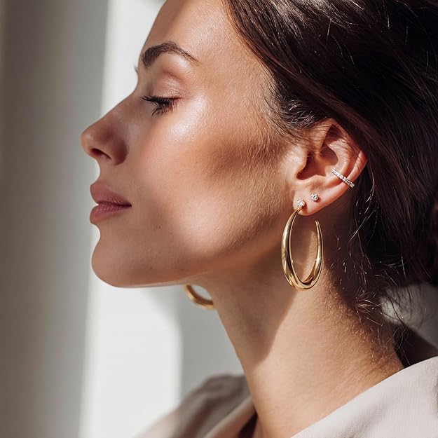 Women's 14 Karat Gold & White Gold Plated Chunky Hoop Earrings - Lightweight, Hypoallergenic, Bold Design Womens Jewelry - Daily & Party Wear Accessories, Ideal Birthday Holiday Gifts, Gold Hoop Earring Set, Bold Design Earrings