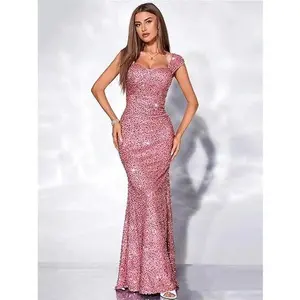 Women's Elegant Solid-Color U-Neck Sequin-Strap High-Waisted Fishtail Floor-Length Formal Evening Maxi Dress, Formal Wear for Easter Prom