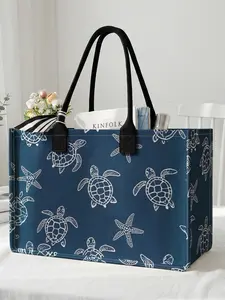 1 piece of turtle starfish pattern 2D printed large capacity storage bag, extra large storage bag, sturdy handle, space-saving multi-purpose, suitable for use at school, business trips, shopping, Tote Bag