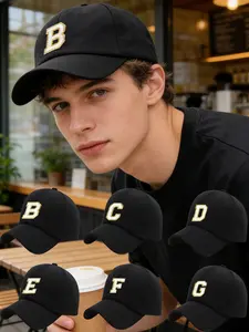 Classic Black Versatile Baseball Cap, 26 Letters Optional, Minimalist Print, Wide & Deep Brim, Outdoor Sun Protection, Sleek Stylish Unisex Cap, Adjustable Protective Cap, Adjustable Hat