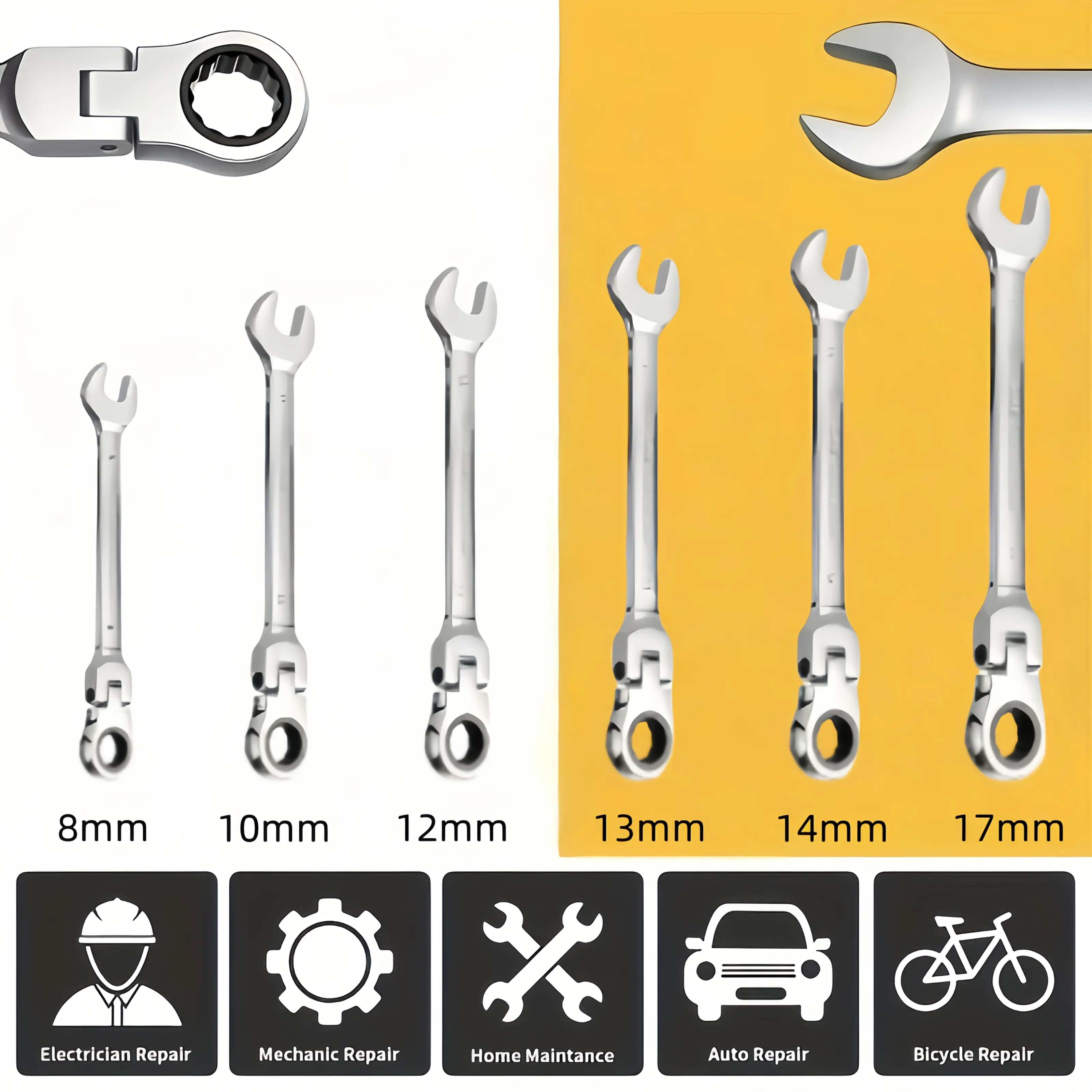 6PCS CR-V Steel Multifunctional Wrench Set - Ratcheting Swivel Head Dual Wrench Kit with 8/10/12/13/14/17mm Open & Box Ends for Auto Repair, Household Mechanical Tasks