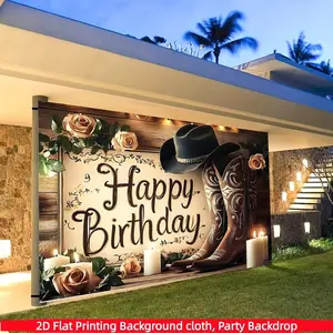 2DFlat western cowboy style birthday banner, Party Decorations Banners, with cowboy boots, cowboy hat and retro rose elements, suitable for western theme birthday parties, adult ceremony event decorations, can be used as photo decoration