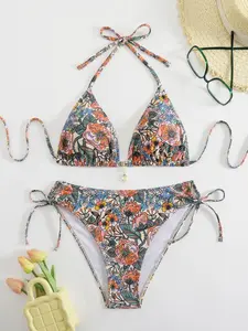Women's High Waist Bikini Set, Thin Strap Floral Design, Two-Piece Swimsuit, Floral Print Bikini, Perfect for Beach Vacation and Summer Casual Wear, Floral Print Swimsuits, Stylish Swimsuit