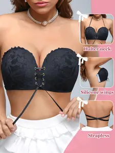 Women's WireFree Strapless Bralette, Elegant Add cup Front Tie Push-Up , Breathable Adjustable Straps, Multiway Halter Neck Bra Backless, off-shoulder Dresses Dates  Daily Wear Underwear