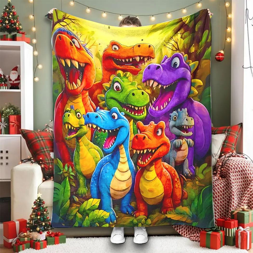 1pc Colorful Cartoon-Style 2D Printed Flannel Dinosaur Blanket - Cute Rounded Smiling Dinosaur Group, Contemporary Animal-Themed Warming Cover, Cozy Up Your Space, Ideal for Naps, Christmas Gift Item, Dinosaur Blankets, Cartoon Themed Blankets
