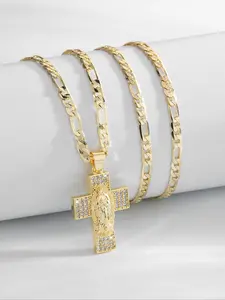 Elegant Virgin Mary Classic Cross Design Pendant Necklace for Women, 14k Gold Plated Christian Jewelry, Casual All-Season Gift for Mother's Day & Easter