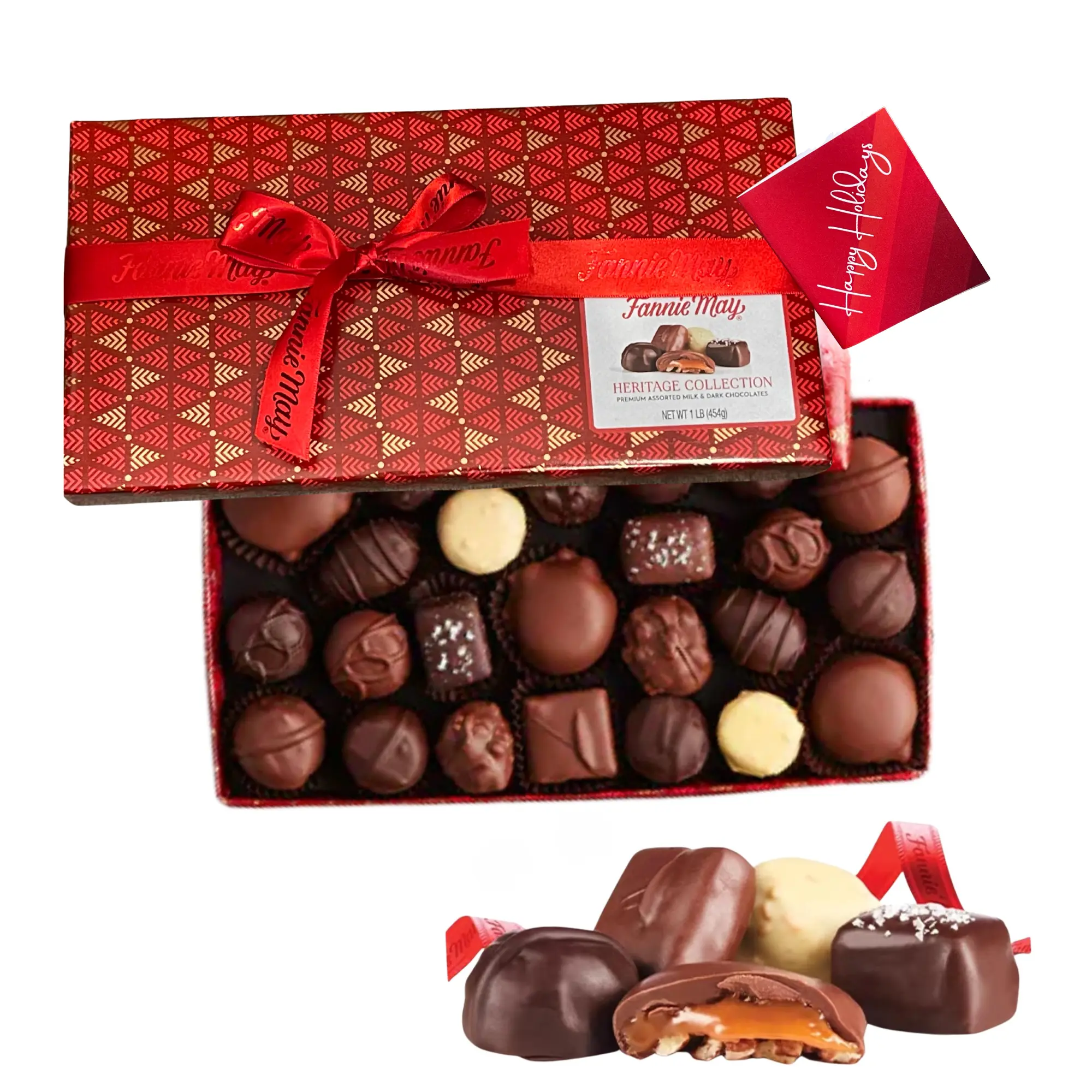 Fannie May 1 1b. Heritage Collection - Holiday Gift wrapped with Ribbon and Artistix Christmas Shoppe Gift Tag - Includes Pixies, Trinidads, Milk & Dark Chocolate Buttercreams