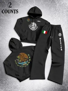 Men's Mexican Eagle Snake Print Hoodie Set, Loose Fit Long Sleeve Sweatshirt and Drawstring Straight Leg Pants, Casual Fall & Winter Wear Outfit