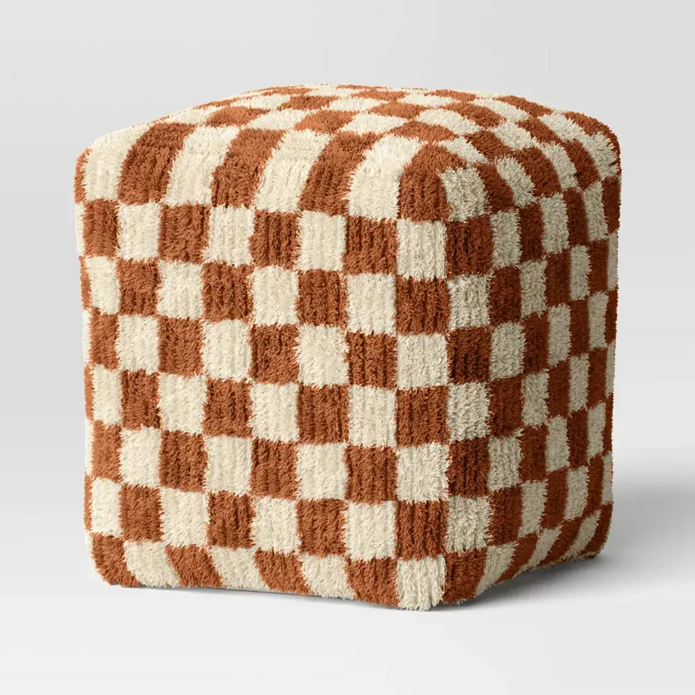 Checkerboard Pouf Mustard/Cream - Threshold: Wool Upholstered Square Bench with Bead Filling Checkerboard Pouf Mustard/Cream - Threshold: Wool Upholstered Square Bench with Bead Filling