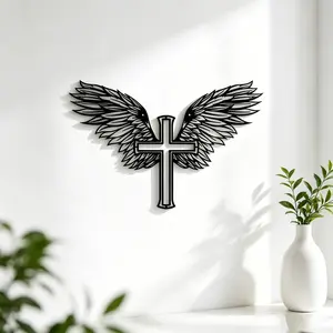 1 piece of cross wing metal wall decoration - elegant wing cross design Gothic Christian decoration Religious Decorations - large size 15.74x15.74 inches - suitable for living room, kitchen, office, porch, terrace - housewarming wedding gift