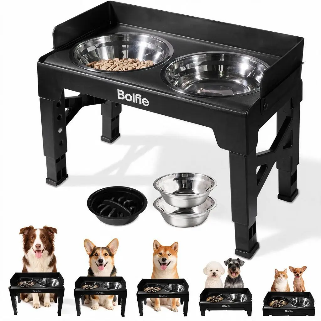 5 Adjustable Heights Elevated Dog Bowls, Raised Dog Feeding Stand with 2 Stainless Steel Food Bowls & 1 Slow Feeder Bowl, Adjustable Height 3.2" to 12.2", Neck-Friendly Feeding Station for Small, Medium & Large Dogs and Puppies anti-slip pet