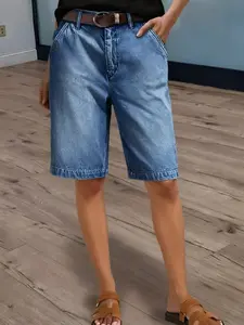 1 Spring Summer Denim Bermuda Shorts Women (Belt Not Included) | High Waist Straight Leg Loose Knee Length Jean Shorts | Casual Chic Style for Daily Vacation Travel Wear