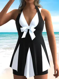Women's Plus Size Colorblock Print Elegant Slimming Tummy Control Swimdresses with Briefs Swimsuit Set, Fitted Plain Style, All Seasons