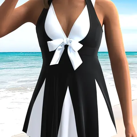 Women's Plus Size Colorblock Print Elegant Slimming Tummy Control Swimwear Swimdresses & Shorts Swimsuit Set, Fitted Swimsuits for All Seasons, Swimsuit Summer, Swimsuit Beachwear
