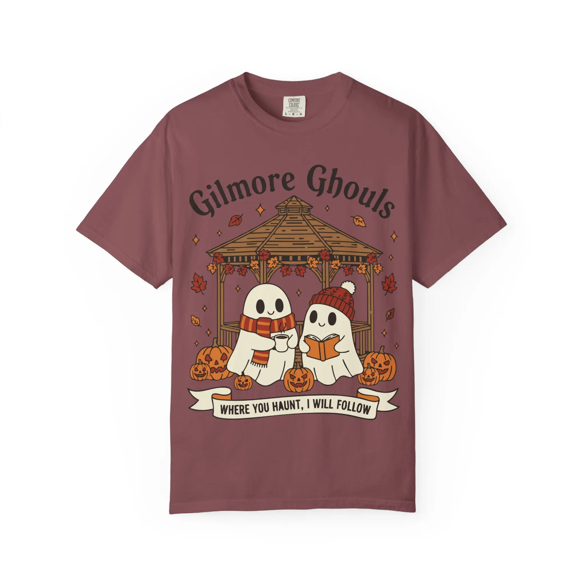 Gilmore Ghouls haunted gazebo ghosts T-shirt | Halloween spooky pumpkin design