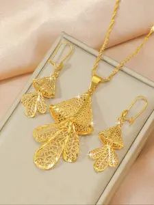 Women's Ginkgo Leaf Pendant Necklace+Earring Set, Matching Jewelry Set, Fashion Jewelry Set, Elegant Jewelry Set, Ginkgo Leaf Pattern, Copper Plated Jewelry Gift, Daily Accessories and Party Style, Perfect Valentine's Day Gift, Ramadan Gift
