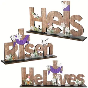 Wooden Easter Table Decoration Set, 3 Counts/set Letter & Cross Design Desktop Ornament, Religious Decoration for Home Party & Church
