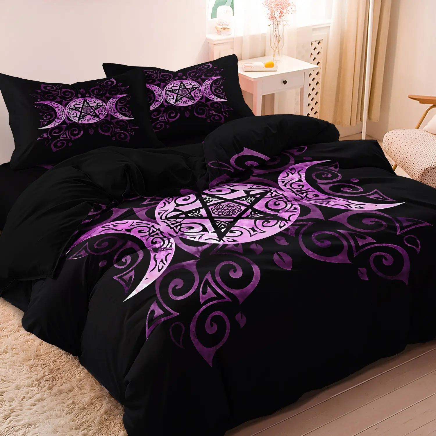 3pcs Pink purple pentagram and moon, Bohemian style Digital Printing Boho Duvet Cover Set (Including 1 Duvet Cover & 2 Pillowcases, No Core), Bedding Set For Home Bedroom Hotel