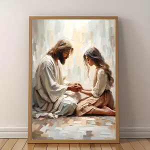A Piece of Modern Christian Canvas Artwork "His Comfort" - Jesus And Woman Holding Hands, Spiritual Mormon Art, Religious Bible Wall Decor, Home Bedroom Living Room Office Decor, 12X16 Inches