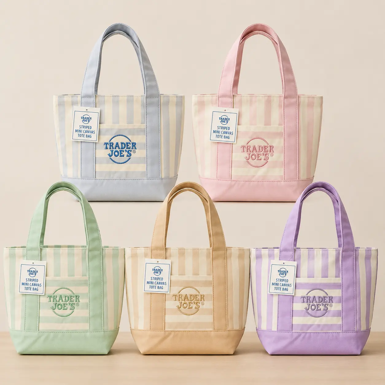 Trader Joe’s Striped Canvas Tote - Cute Versatile Reusable Grocery Bag, Lightweight Portable Daily Commuting/Casual Commuter Travel Accessory, 4 Pastel Color Options