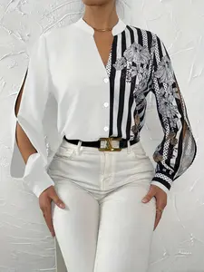A ladies' floral print, striped, patchwork design long-sleeved shirt, highly versatile for all kinds of formal occasions.