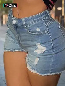 Butt-Lifting High-Waisted Fitted Distressed Denim Shorts, Vintage Light Wash Raw Hem, Perfect for Night Out & Club Fits, Women's Fashion