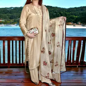 Golden Pakistani Dress with Shirt, Flare Pant, and Masoori Dupatta - Floral Embroidery, Lace, and Fancy Tassels, Perfect for Eid, Parties, and Weddings Traditional Womenswear Elegant