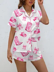 Women's Western Cowboy Print Pajama Set, Soft Shirt Collar Top & Elastic Shorts, Casual Home Wear, All Seasons Comfortable Sleepwear