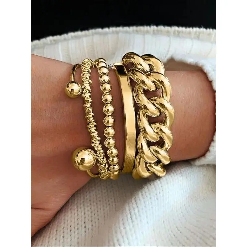 Women's 5-Piece Trendy Zinc Alloy Chain Link Open Cuff Bracelet Set - Lightweight Stackable Jewellery Accessories, Ideal for Holiday Gifts, Perfect for Parties