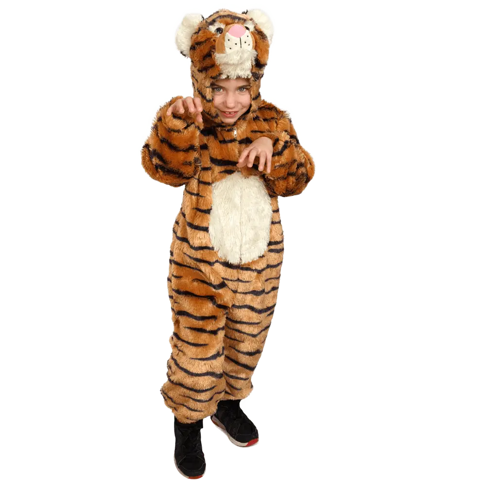 Plush Tiger Costume for Kids – Full Body Jumpsuit with Attached Tail & Tiger Face Hood – Perfect for Halloween, Animal Theme Party, School Play & Cosplay Outfit