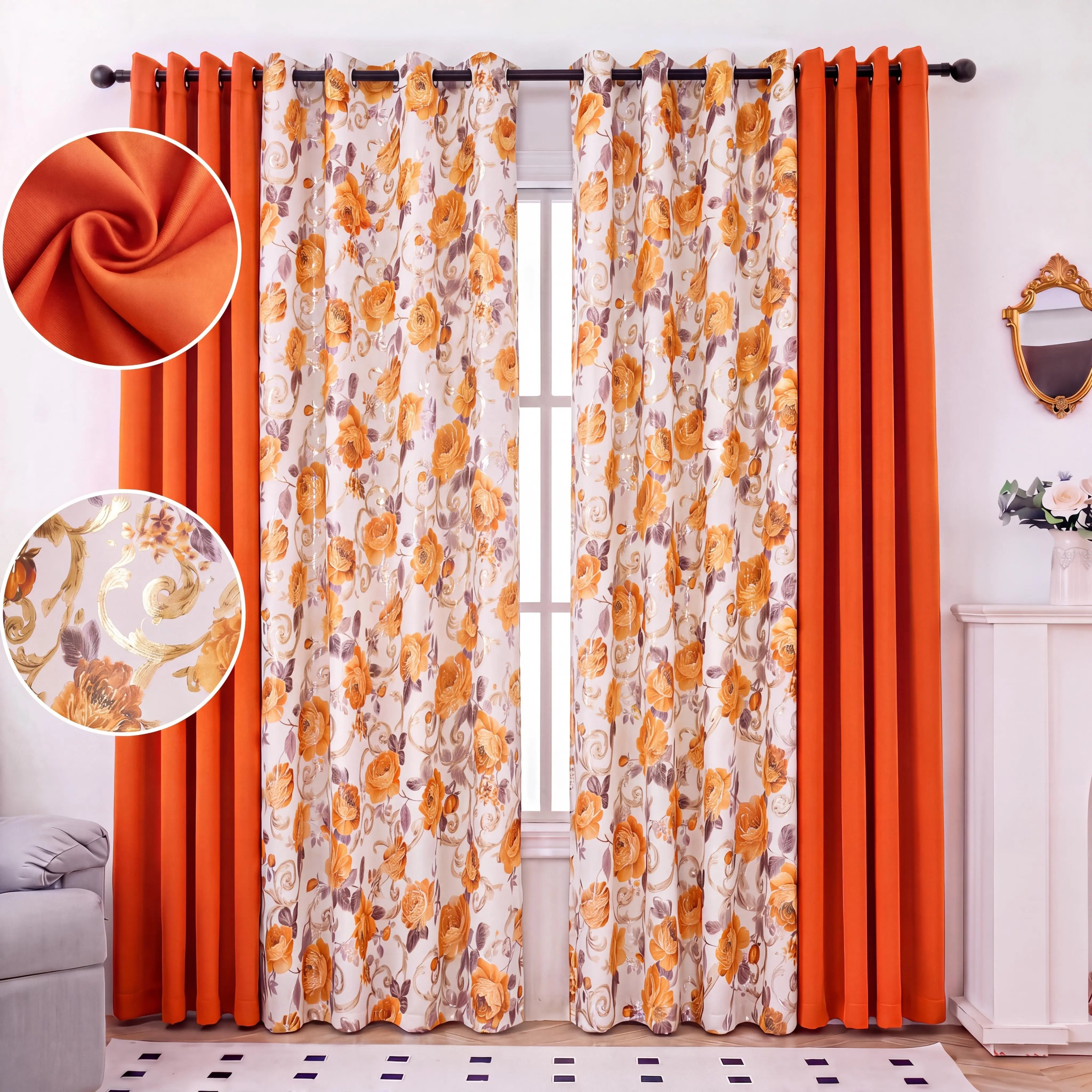 Blackout Curtains for Bedroom 4 Panels Combo Set 52x84 Inch, 2 Solid Full Blackout Panels & 2 Printed Blackout Curtains, Thermal Insulated Noise Reducing Light Blocking Grommet Window Drapes, Room Darkening for Bedroom Living Room Apartment QF261 QF222