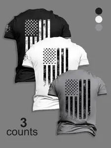 Men's Trendy Streetwear Menswear 3-Piece Set Flag Pattern Print Graphic Round Neck Fitted Short Sleeve T-Shirt, Casual Comfortable Top for Summer Outdoor Wear Fabric