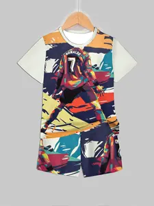 Colorblock Geometric Football Cr7 Number Print Short Sleeve Shorts Set, Trendy Athletic Sportswear Casual Kids Clothing
