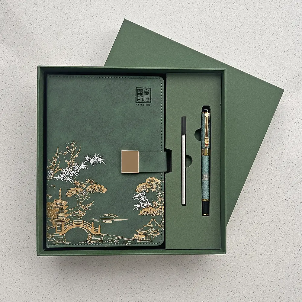 CHINSIKOL A5 PU Leather Notebook Set, Journal Gift Set, Hardcover Journal, Chinese Style Embossed Pattern, Gold Foil Stamping, Gold Foil Accents, Glossy Clasp, Thick Paper, Includes Metal Pen & Replacement Ink Cartridge