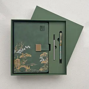 CHINSIKOL A5 PU Leather Notebook Set, Chinese Style Embossed Pattern, Gold Foil Stamping, Glossy Clasp, Thick Paper, Includes Metal Pen & Replacement Ink Cartridge