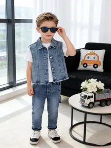 Boys' Fashion Casual 3-Piece Set ( T-Shirt + Washed Denim Vest + Straight Leg Jeans), Vintage Print, Spring Summer Wear