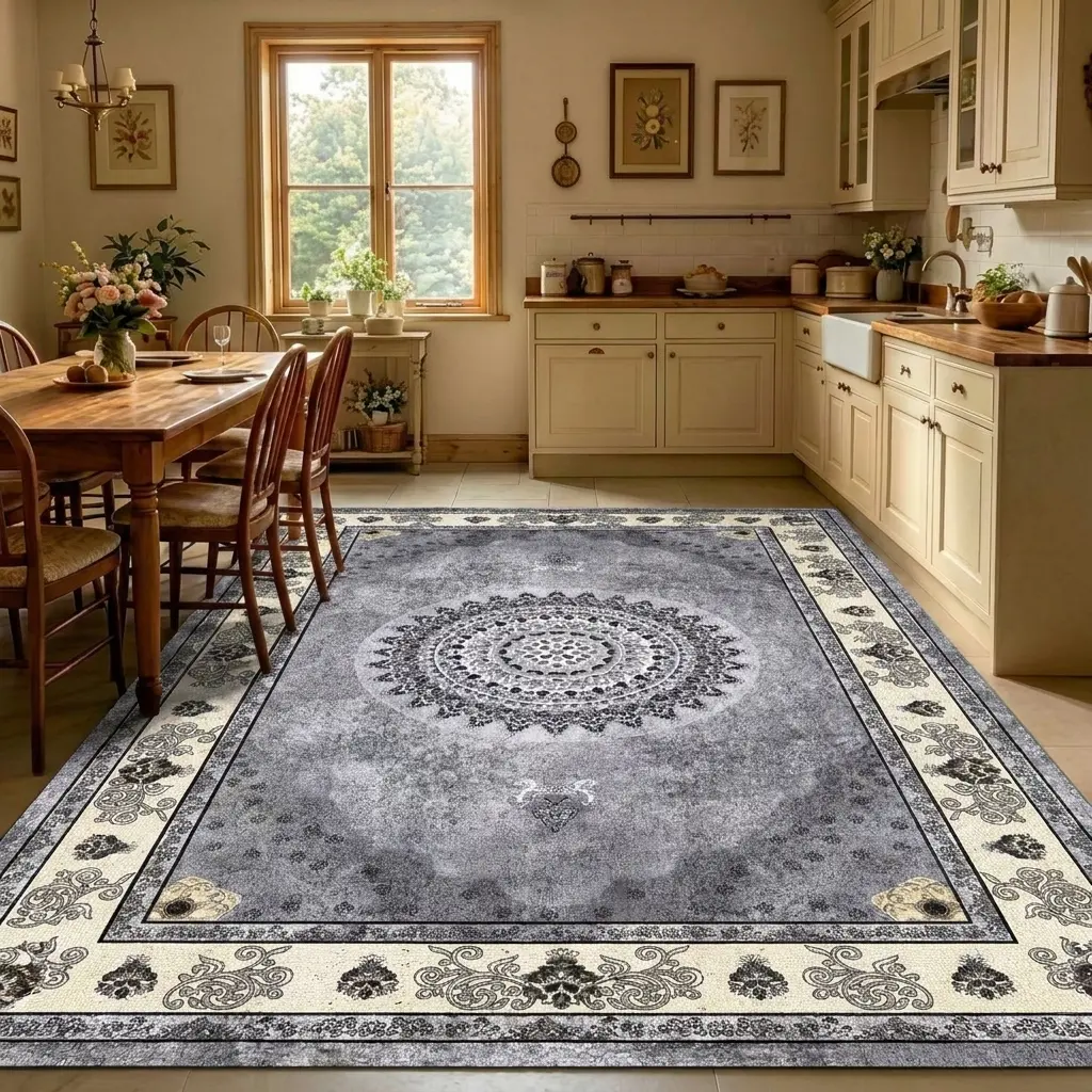 Vintage gray bohemian rug, available in a variety of sizes. It features a non-slip design, is soft and comfortable, and is machine washable. It’s perfect for bedrooms, next to the bed, in dorm rooms, living rooms, and other home decor settings.