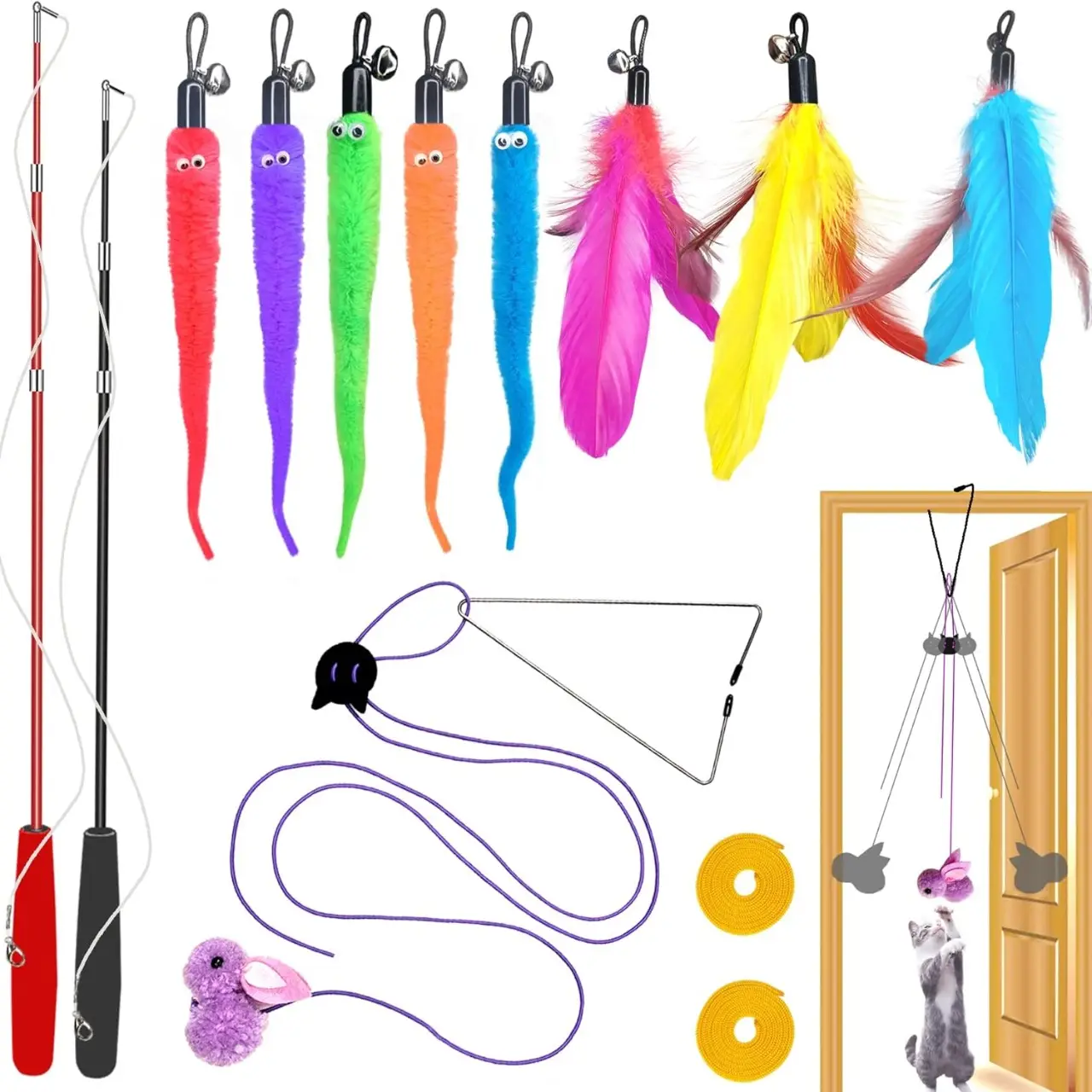 Cat Toys Interactive for Indoor Cats,2 Count Retractable Cat Wand Toys,9 Count Teaser Toys&1 Count Hanging Door Lure Cat Toy,Interactive Feather Toy