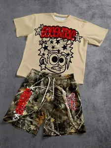 Streetwear Must-Have! Graffiti Camo Set, All-Over Print, Casual Fitted Suit, Menswear Round Neck Top, Perfect for Street Style Enthusiasts, High-Aesthetic Appeal
