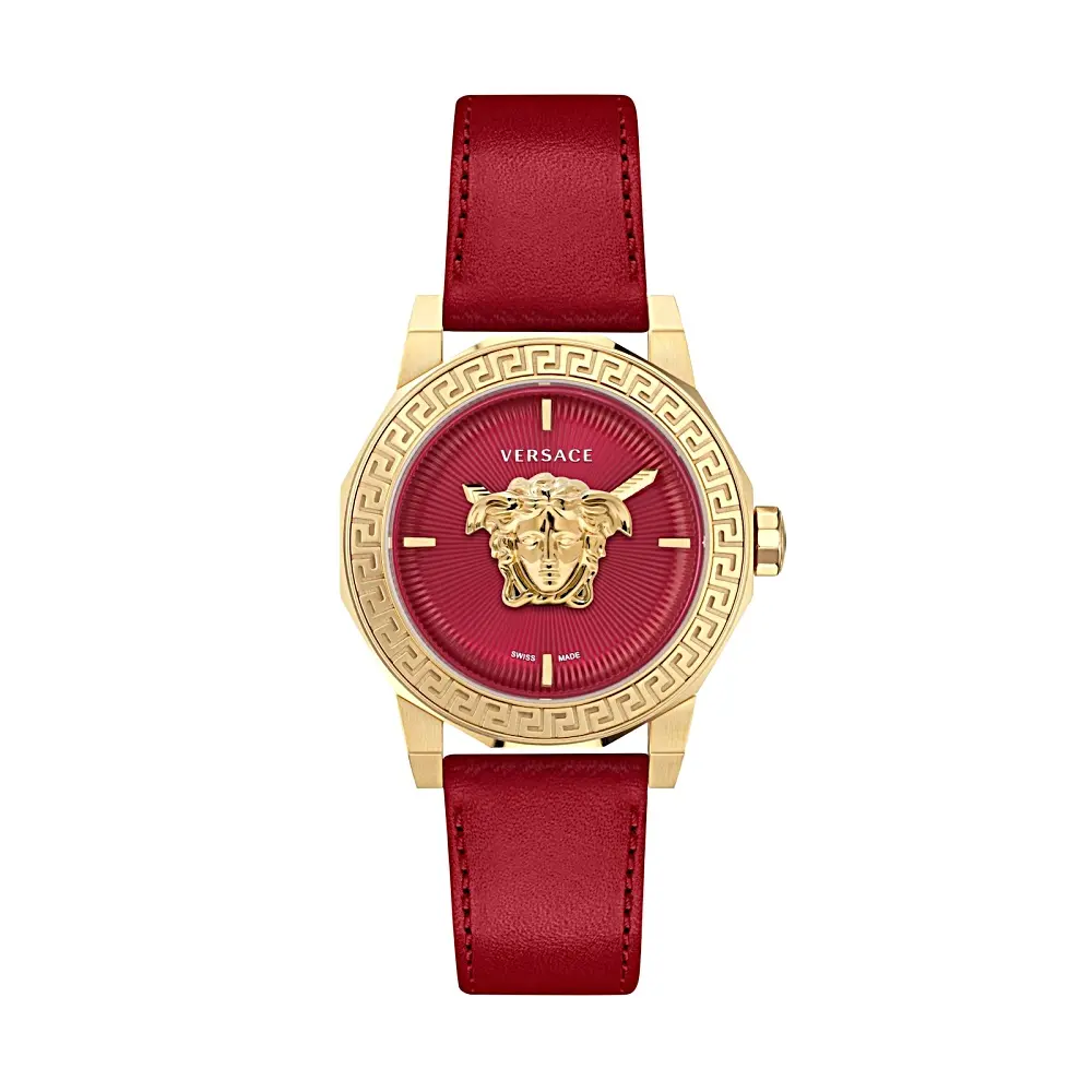 JTV Medusa Deco Womens Watch 38MM IP Yellow Case Red Guilloche Dial Calf Leather Strap