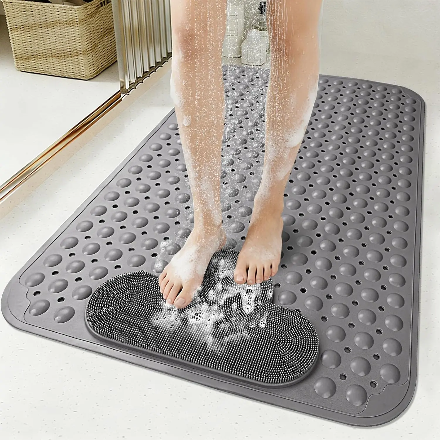 Non-slip Bathtub Mat Grey 27×14 Inch, Non-Slip Massage Shower Mat with Drain Holes, shower mat anti slip Anti Slip Tub Mat with Massage Bristles & Strong Suction Cups