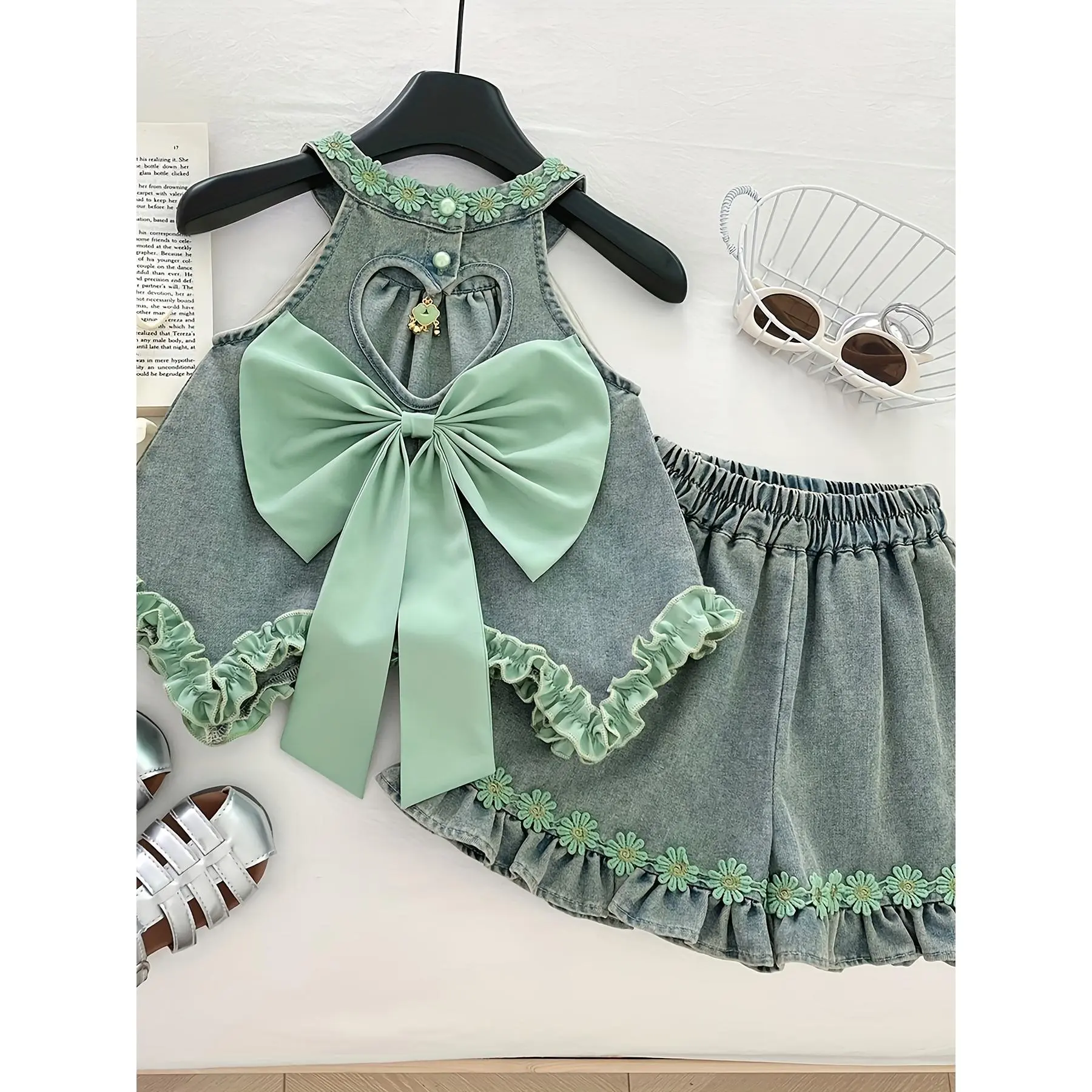 Summer Stylish Denim Outfit for Girls Featuring a Sleeveless Top with a Large Bow And Open Back, Paired with Shorts And Lace Details, for Outdoor