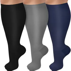 3 Pairs Plus Size Compression Socks for Women & Men, 20-30mmHg Extra Wide Calf Knee High Stockings for Circulation Support