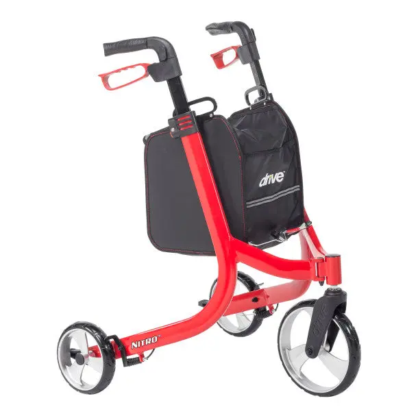Drive Medical Nitro 3-Wheel Aluminum Rollator - Smooth-Wheels Ergonomic Lightweight Mobility Aid for Elderly, All-Seasons Adult Elderly Mobility Solutions Ideal for Outdoors Use