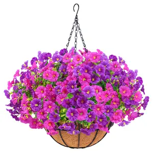 Artificial Hanging Flower Basket for Outdoors,UV Resistant Faux Flowers with Hanging Basket & Greenery,Outdoor Spring Decor for Yard,Patio, Porch,Balcony