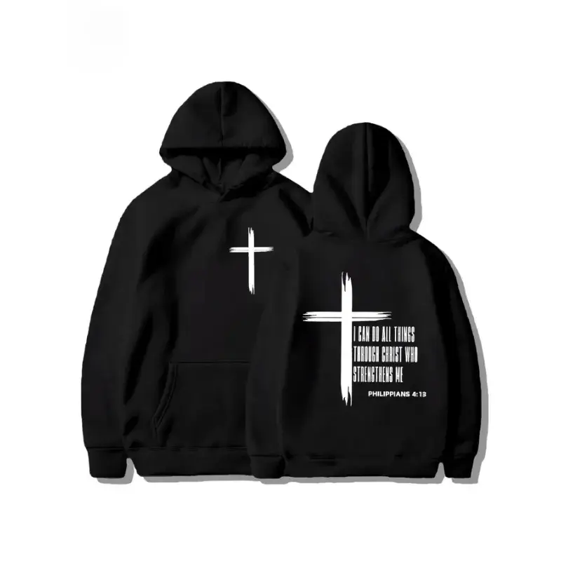 Men's Christian Cross Hooded Pullover Sweatshirt - Philippians 4:13 Bible Verse Unisex Faith-Inspiring Fitted Tops, Casual Fall-Winter Wear