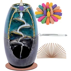 Blue Ceramic Waterfall Backflow Incense Burner - Flower Scented Home Fragrance Decor, Aromatherapy Room Accessories with 120 Cones, 30 Sticks